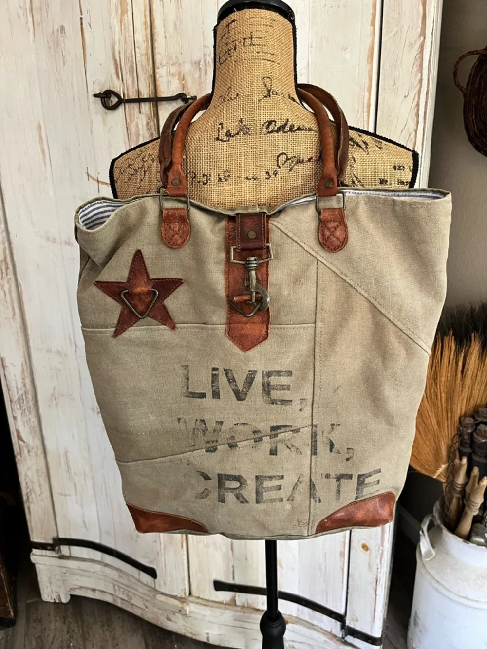 Mona B upcycled “live work create” canvas & vegan leather tote - Picture 3 of 7